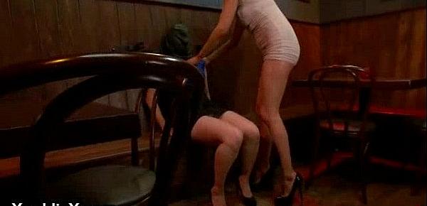  Zippered tied up babe throat fucked in public bar